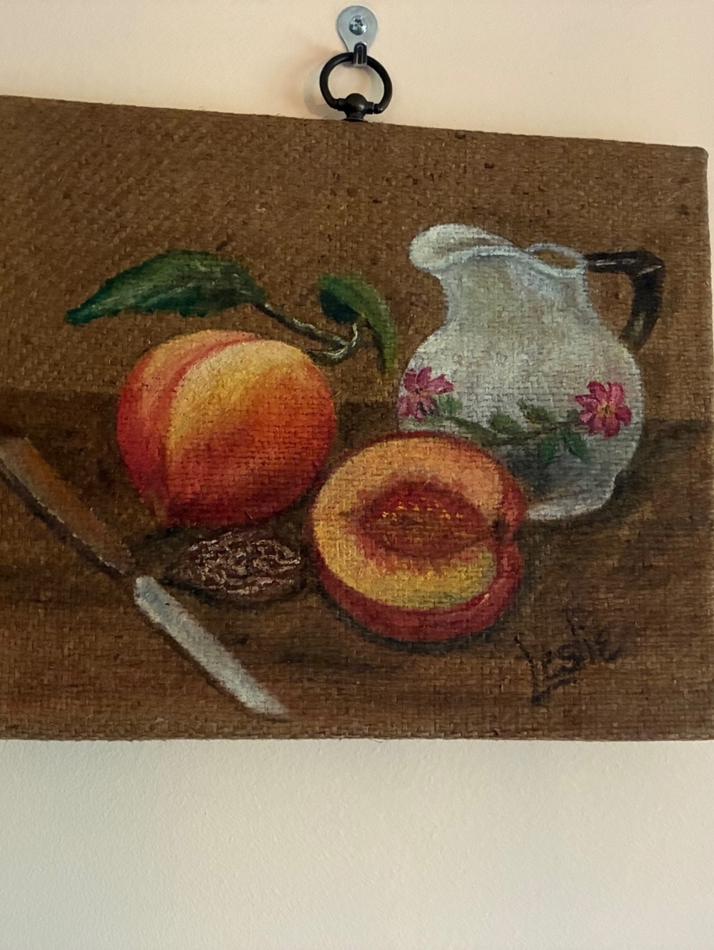 Still Life Painting of Peaches pitcher on burlap